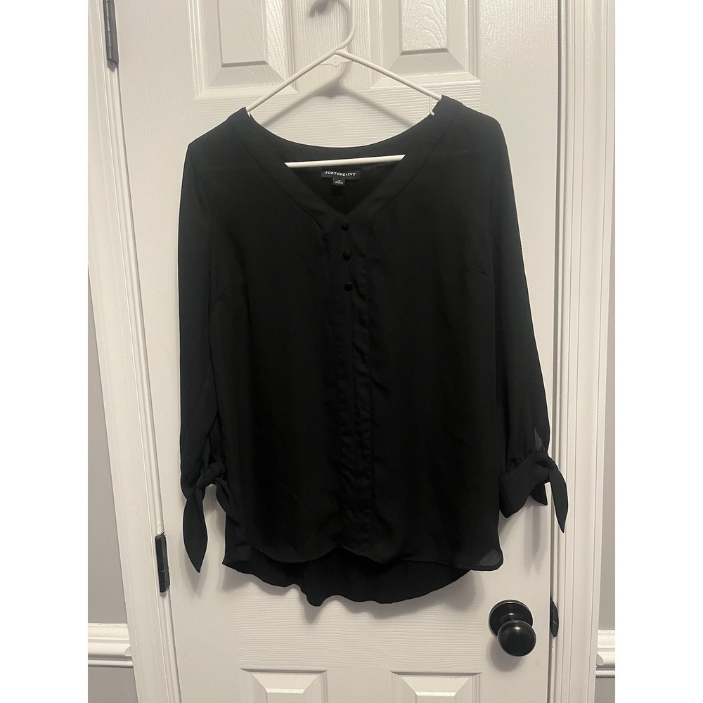 Fortune & Ivy Black V Neck 3/4 Sleeve Bow Tie Blouse Medium Business Casual